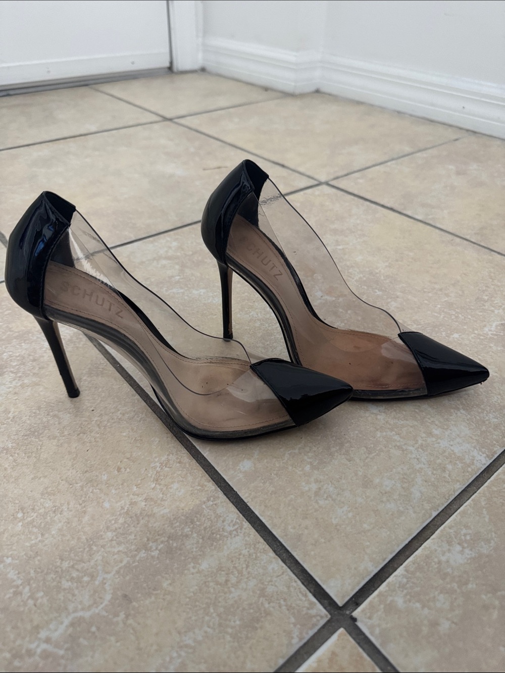 SCHUTZ Black Patent & Clear Pointed Toe Stiletto Pumps
